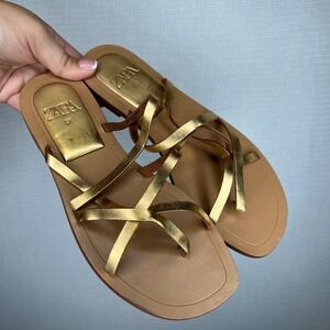 Zara Gold Strappy Sandals Flats Women's Size 37 EU Stylish Thong Shoes